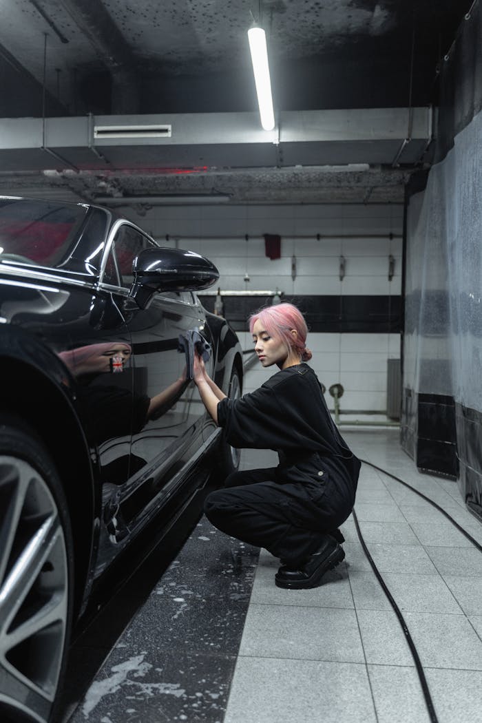 A woman with pink hair cleaning a black car in an indoor garage setting.