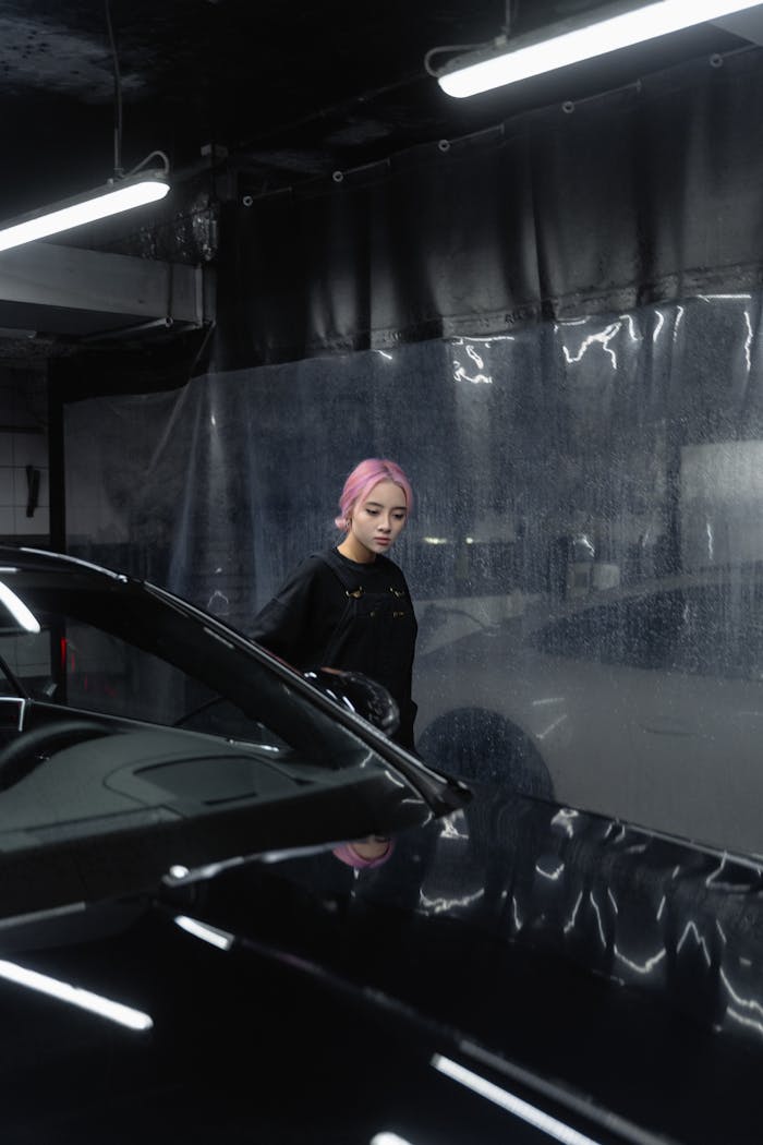 A stylish woman interacts with a luxury car in a dimly lit indoor car wash at night.